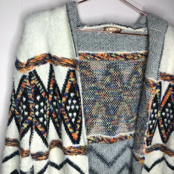 Chevron Boho Hooded Fuzzy Sweater Cardigan - Picture 2 of 7